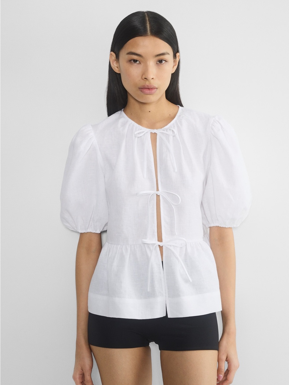 Wilfred White Puff-Sleeve Linen Tie-Front Peplum Blouse